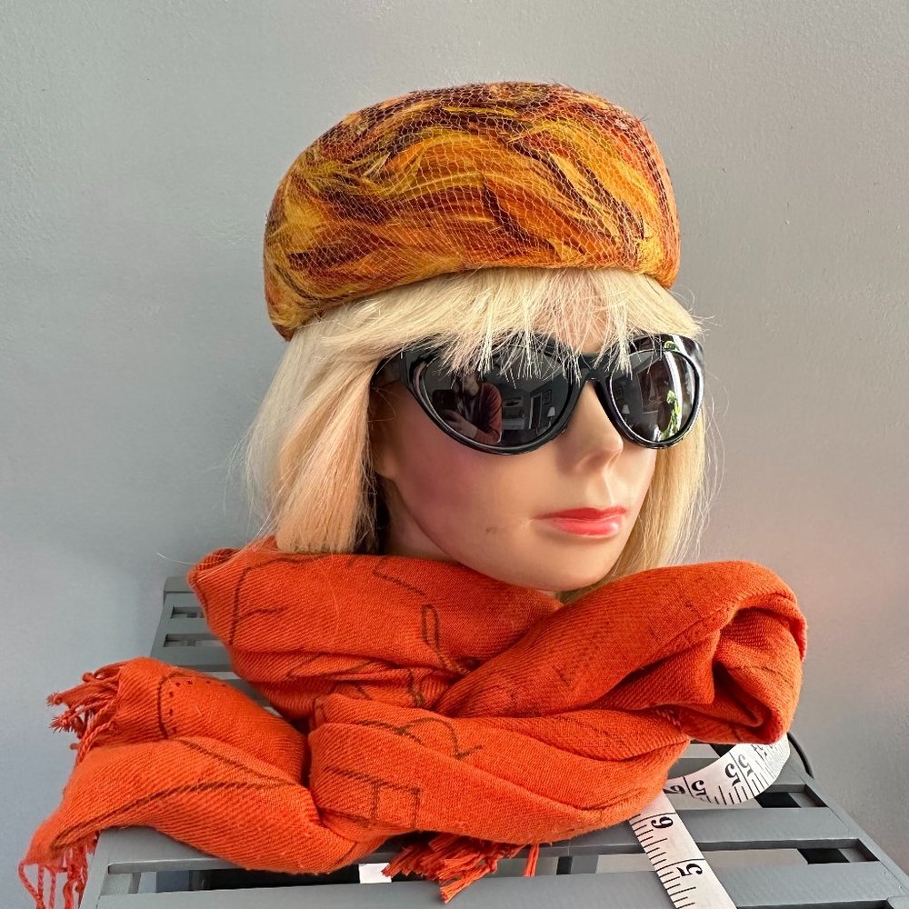 Orange/Maroon Vintage Pillbox Feather Hat